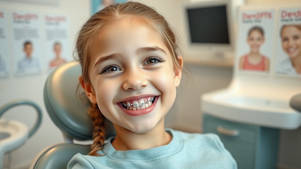 cheerful young girl with braces, phase I orthodontic treatment, smiling in pediatric dental chair, orthodontic clinic, conway sc