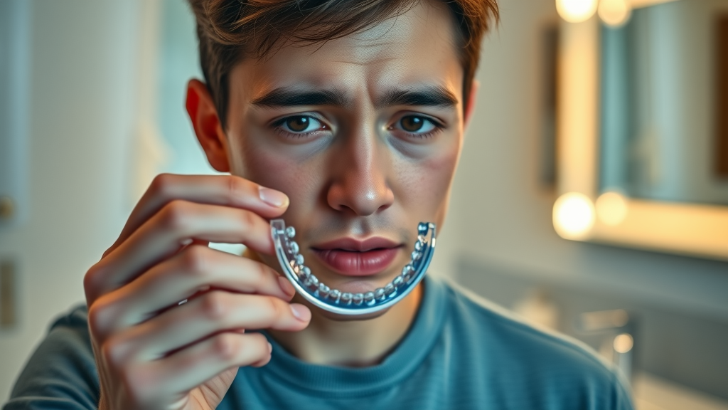 Concerned adult examining cloudy Invisalign aligner, invisalign aligners, clear aligners troubleshooting