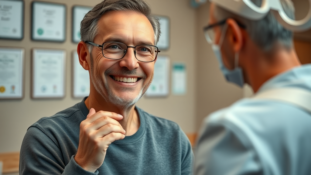 Middle-aged patient with metal braces discussing orthodontic treatment for older adults with orthodontist, cozy consultation room