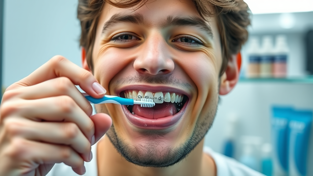 adult with braces practicing oral hygiene with interdental brush