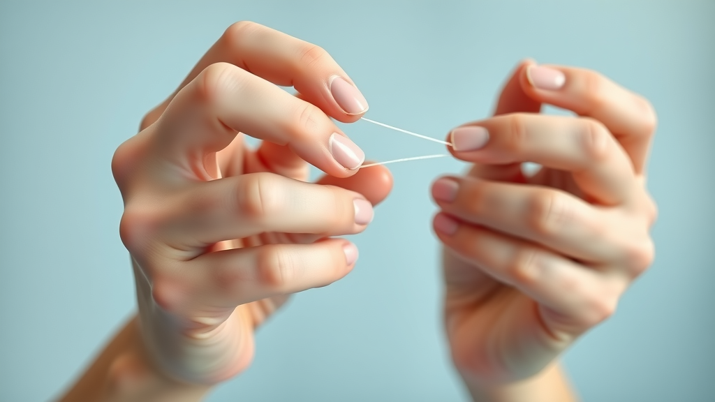 hands demonstrating how to use a floss threader to floss with braces, emphasizing threading floss under the archwire in a clean background