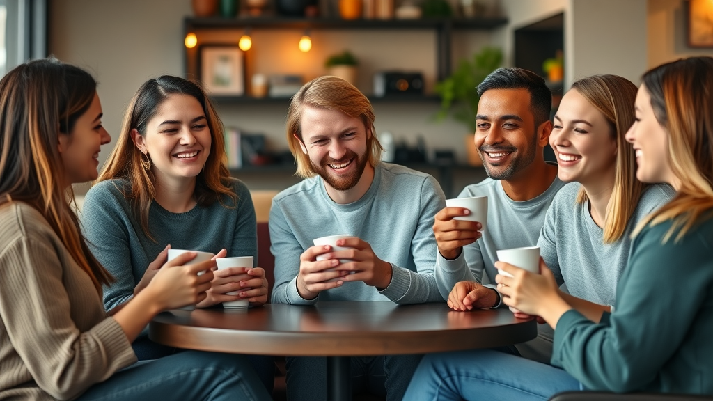 Encouraging group of young adults sharing Invisalign stories and support during their treatment journey