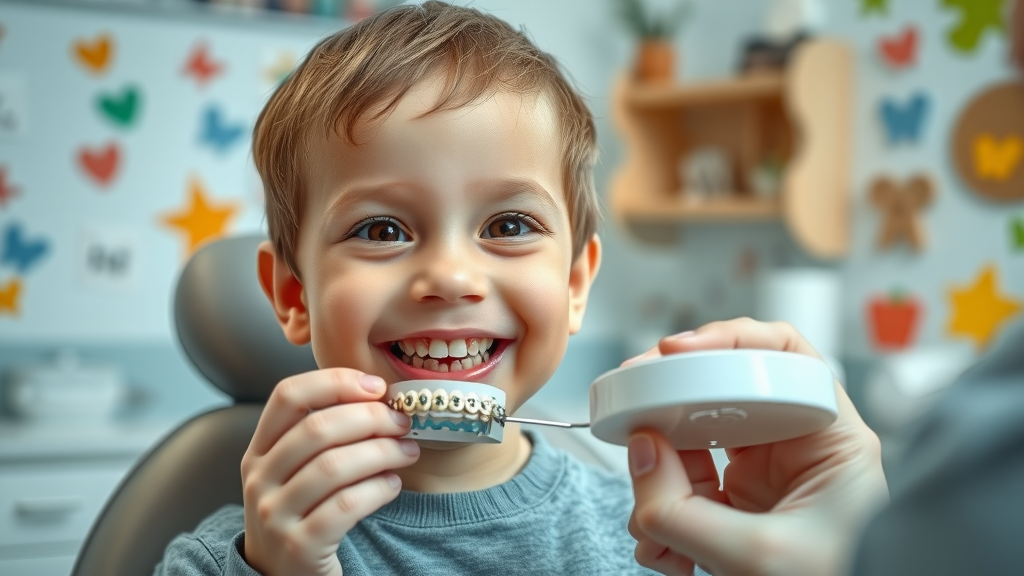 Orthodontic treatment demonstration for children under 10, child learns about braces