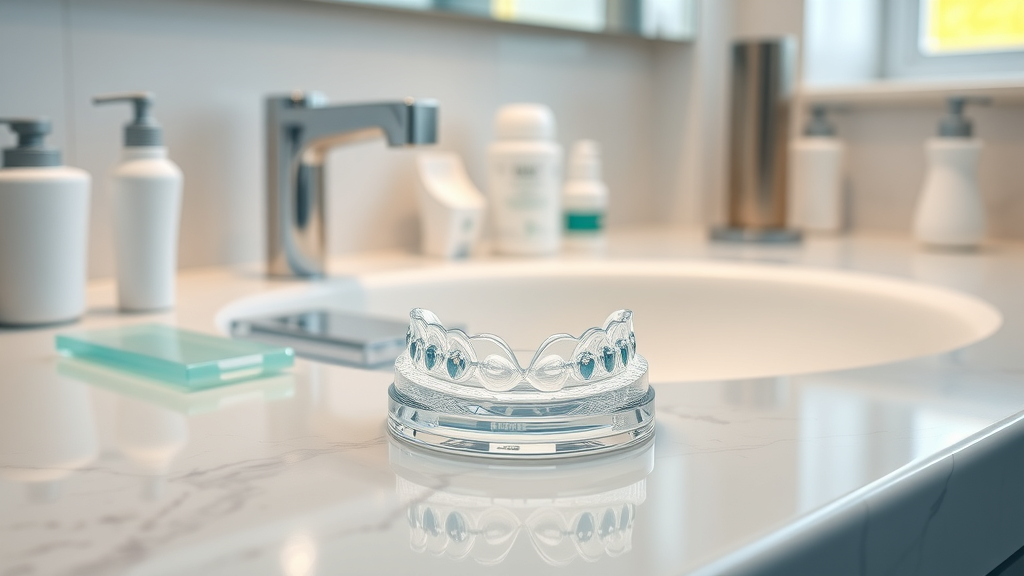 Bright, clean Invisalign aligners on a bathroom countertop sparkling after a thorough cleaning, clean Invisalign aligners