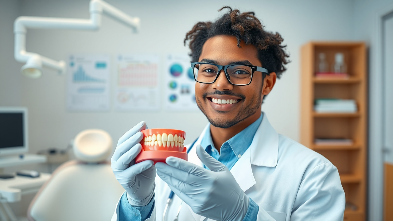 certified orthodontist demonstrating dental mold for orthodontic treatment in a clinical office