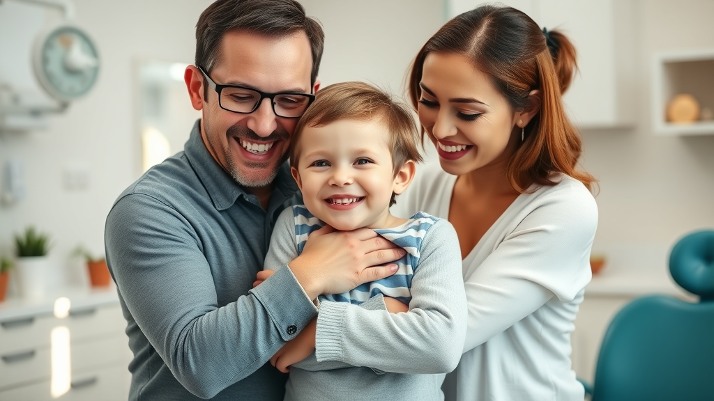 Grateful family in a dental office, parents hugging child after successful orthodontic consultation, how can i tell if my child needs braces?