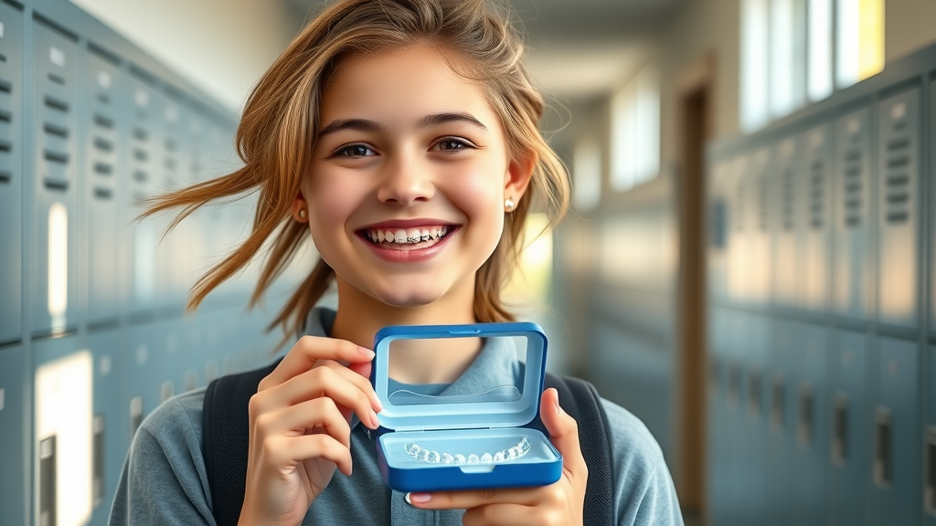 phase ii treatment, teenager showing dental braces and clear aligners at school