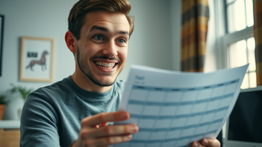 adult with braces checking orthodontic treatment calendar for straight teeth