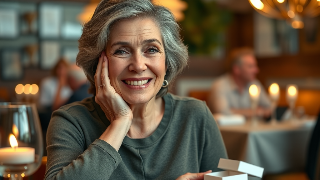 expressive mature woman with Invisalign aligner, smiling with slight frustration at a restaurant, representing the main complaint of adults in getting Invisalign at 45: my smile transformation story