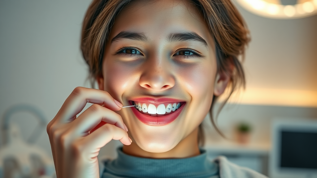 Young adult patient responsibly wearing orthodontic elastics, showing compliance in orthodontic treatment duration