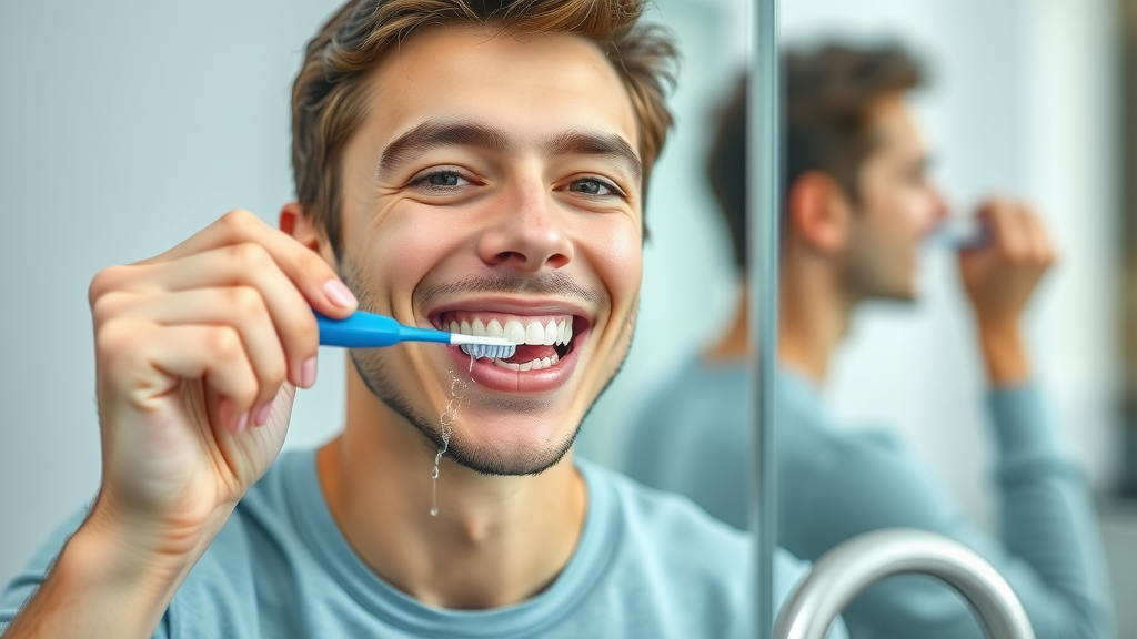 patient brushing teeth with clear aligners in hand showing good oral hygiene during Invisalign treatment