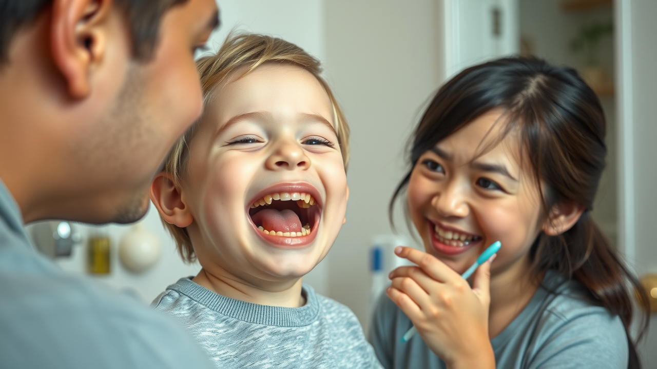 Concerned parent watching as child shows dental issues, with crowding or overbite visible, in a well-lit family bathroom.