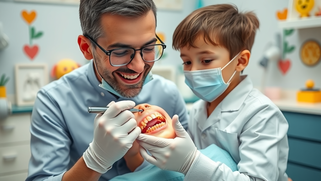 Caring pediatric dentist examining child teeth, orthodontic evaluation and early orthodontic assessment