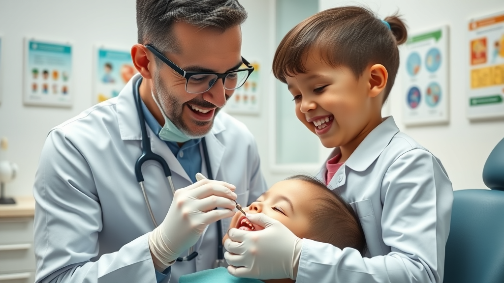 Professional pediatric dentist examining child