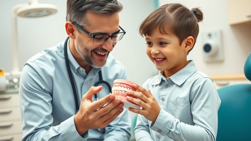 caring pediatric orthodontist consulting young child explaining dental model in bright inviting clinic, phase I orthodontic treatment