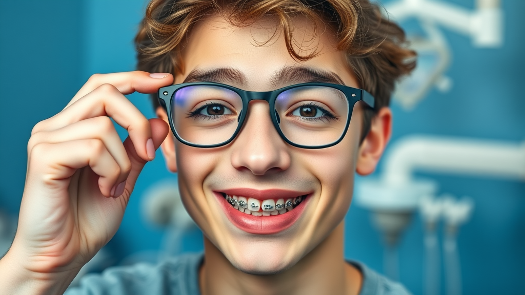 Confident teenage boy wearing traditional braces in a dentist office, showing positive mental health and dental health treatment options.