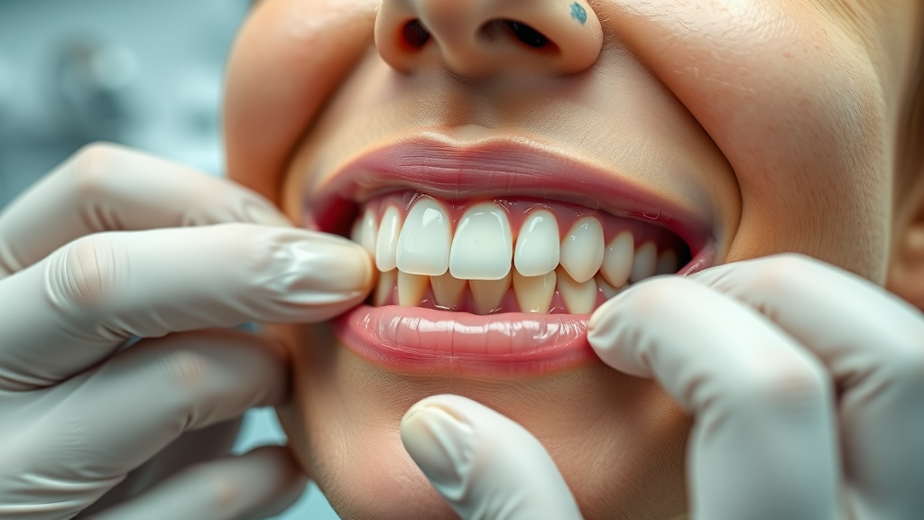 orthodontic spacer being placed between molar teeth in a dental office, patient is calm, orthodontic tools visible