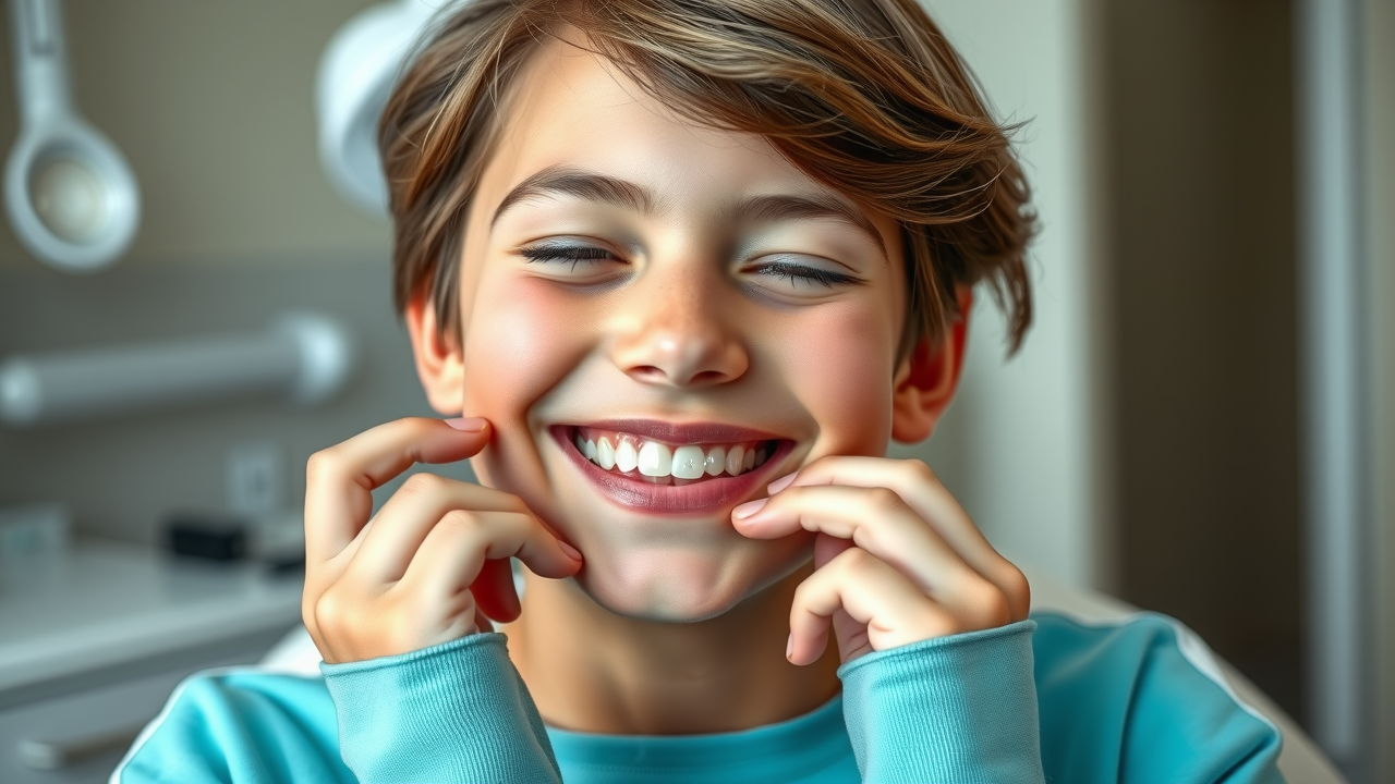 Candid teenager with a healthy smile, relaxed, orthodontic tools visible – will my teeth move back after braces?