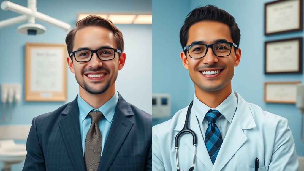 side by side portrait comparison of a board-certified orthodontist and a general dentist in their respective clinics