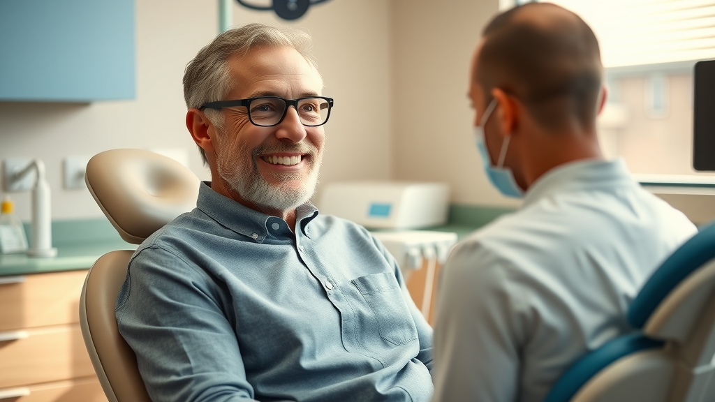 happy adult patient at routine dental checkup post-invisalign, maintaining bite health, interacting with orthodontist
