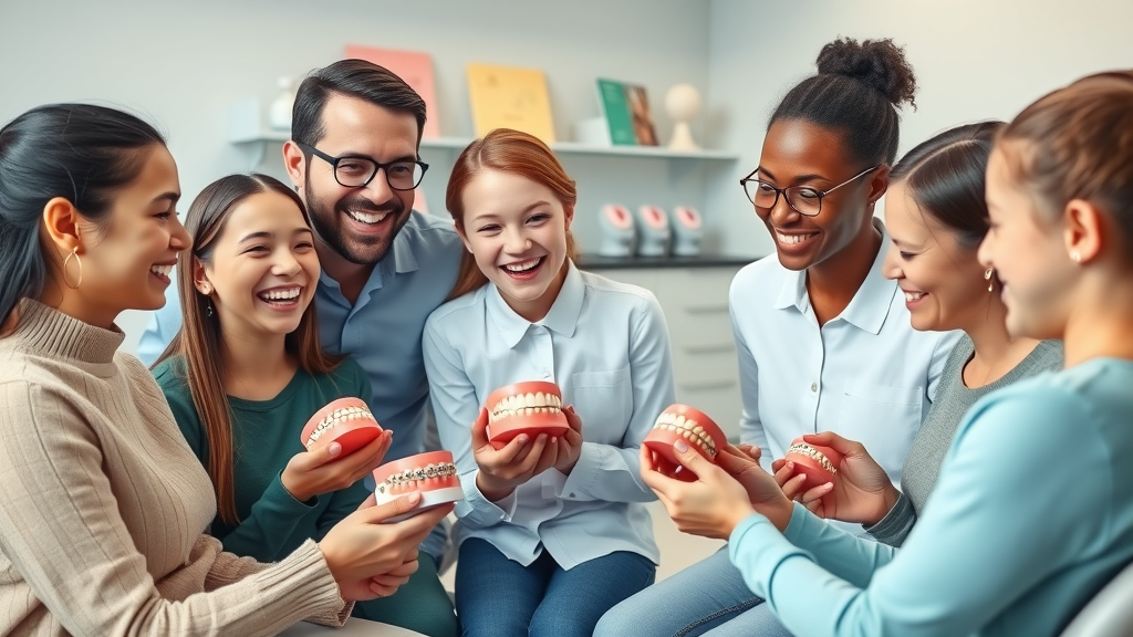 diverse orthodontic team presenting braces and clear aligner options to a young patient, discussing orthodontic treatment options