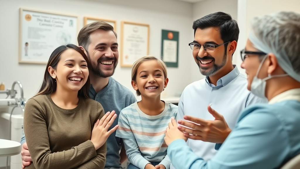 Happy patient family discussing affordable orthodontic care with a dentist in Georgetown County SC
