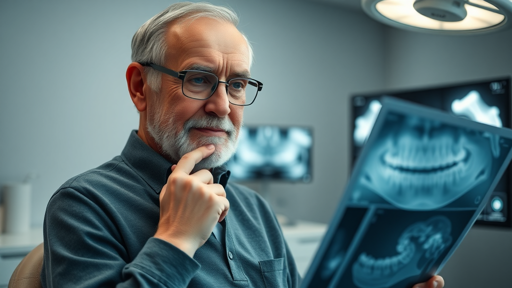 Senior man considering age limit for orthodontic treatment, reading dental x-rays with orthodontist in modern office