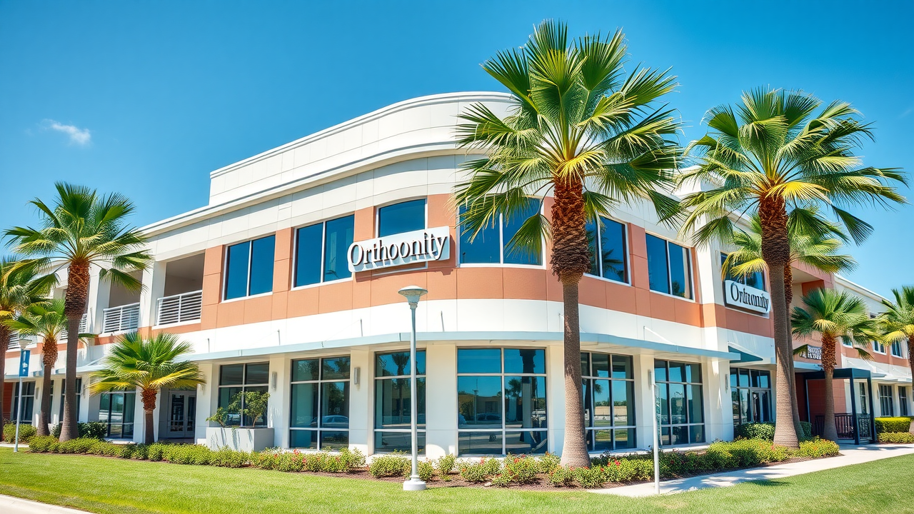 Modern Grand Strand orthodontic office with attractive coastal architecture, palm trees, and pristine landscaping, giving a vibrant, welcoming impression.