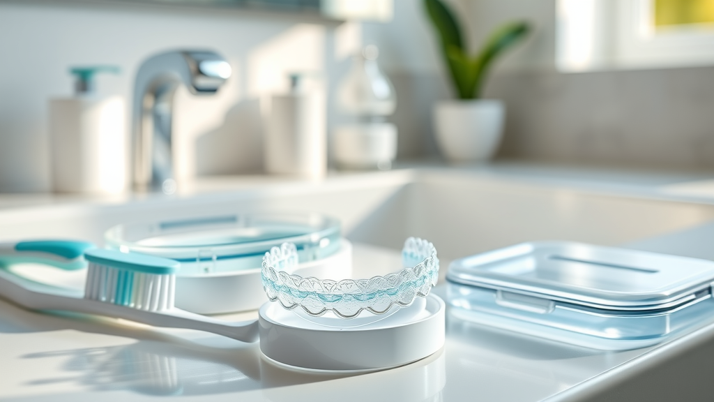 Bright clean Invisalign aligners, clean invisalign tray, cleaning crystals, dental hygiene supplies on sunlit bathroom vanity