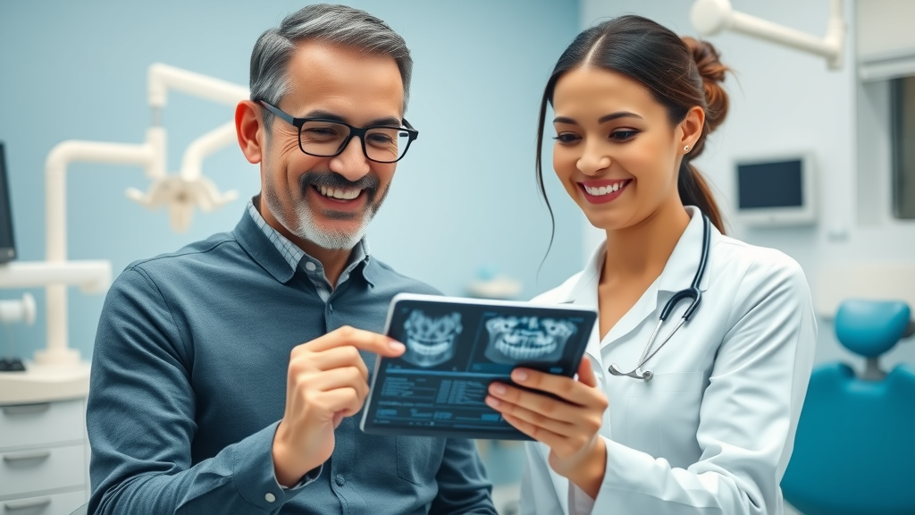 Adult patient consulting orthodontist viewing digital x-rays about braces for crowded teeth and bite problems