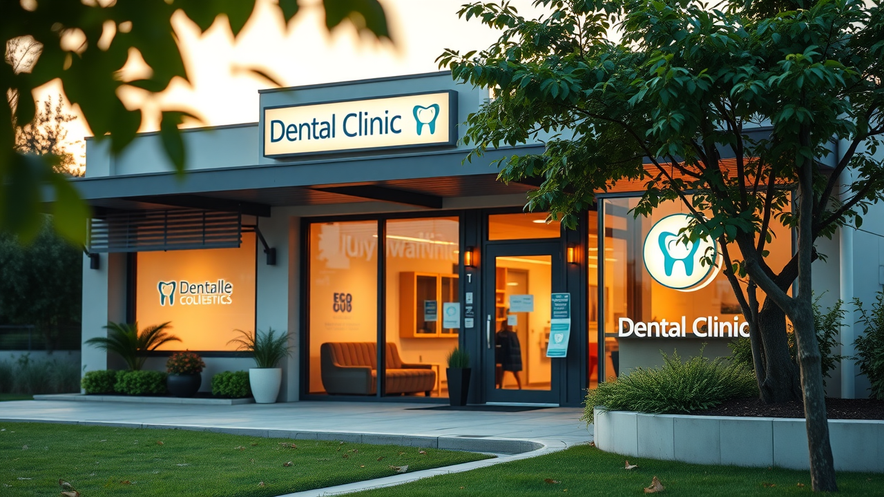 Modern dental clinic exterior in Georgetown, SC, inviting atmosphere for affordable orthodontic care, lush landscaping and clear signage