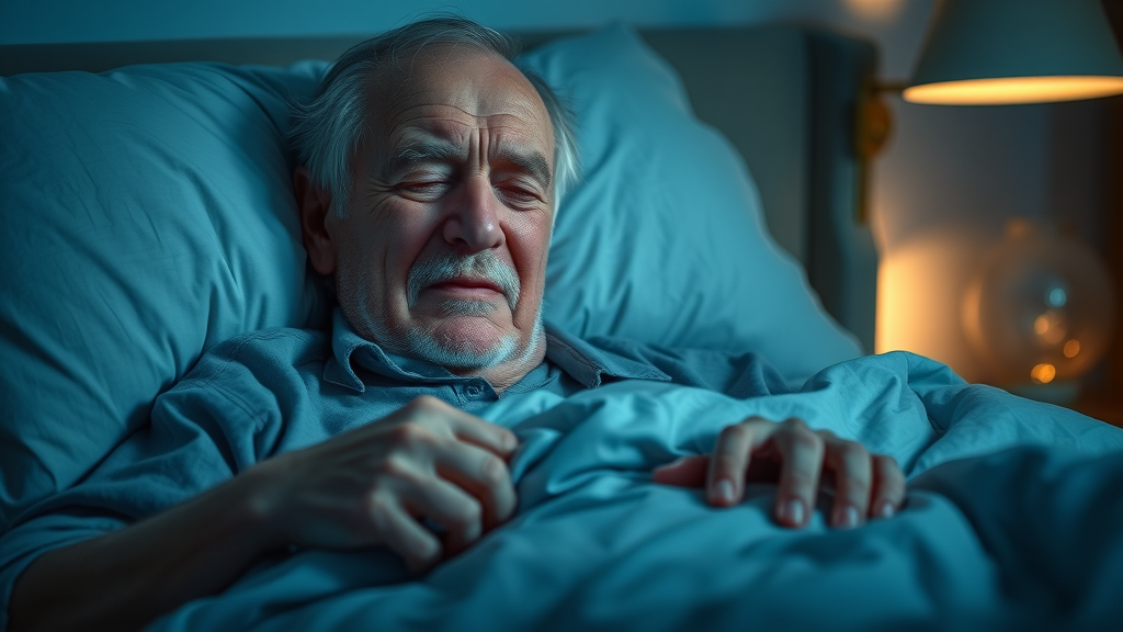 elderly man experiencing restless sleep, possibly obstructive sleep apnea, dimly lit bedroom with digital sleep tracker