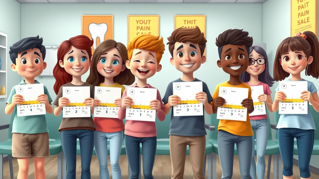 diverse group of teenagers pain scale, braces hurt experience in dental waiting room