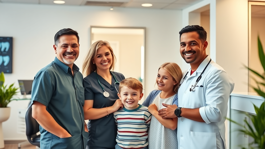Welcoming Novus Orthodontics team with happy family in bright modern clinic