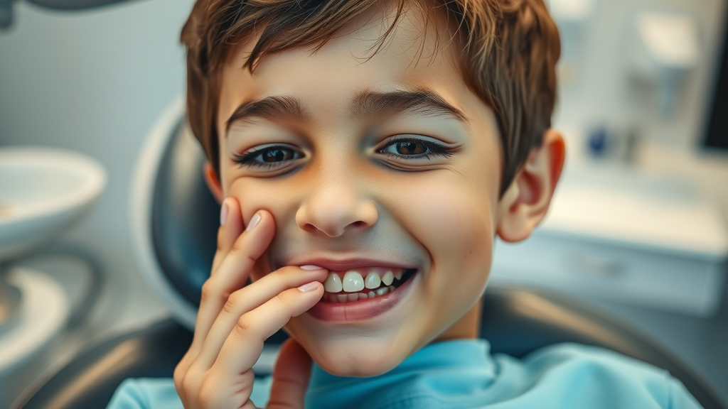 expressive close-up portrait of a young patient gently touching cheek, hint of mild discomfort, orthodontic spacer, dental chair, orthodontic treatment, natural expression