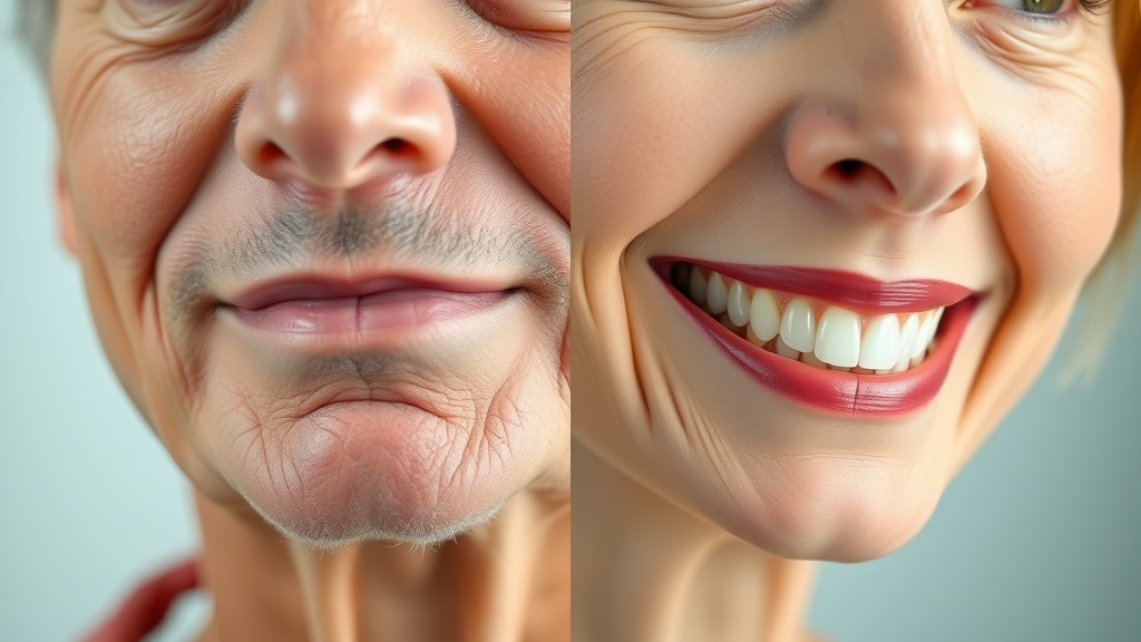 split-image of a middle-aged person before and after getting Invisalign at 45: my smile transformation story; showing straighter teeth and subtly more defined facial contours, emphasizing the impact on face shape for adults