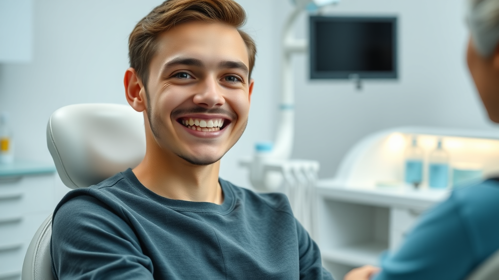 Hopeful young adult at orthodontist consultation, smiling gently, listening attentively, seated in modern dental office, Invisalign journey consultation