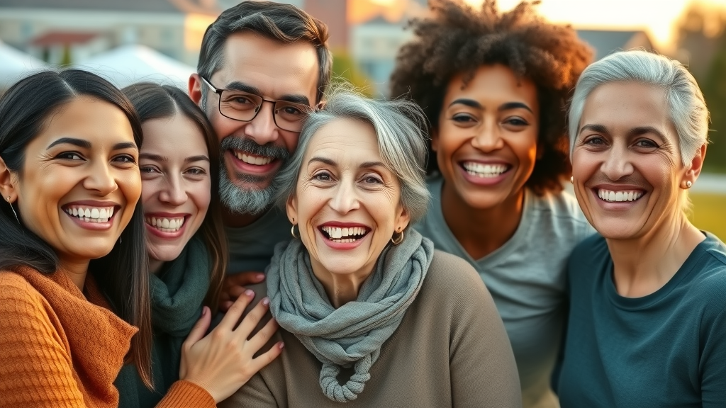 Diverse families with beautiful smiles, multi-generation, happy after orthodontic care in Loris and Aynor, outdoor community landmark background, photorealistic