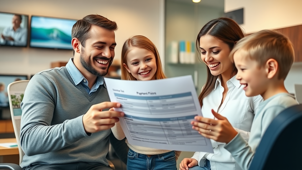smiling family reviewing orthodontic payment plan with a professional, discussing financing options for orthodontic treatment