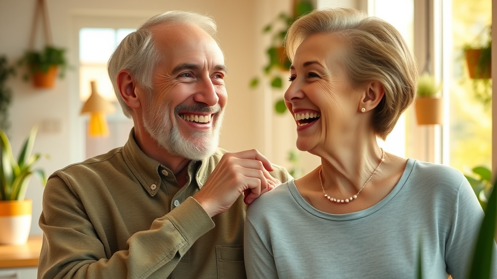 Senior couple enjoying their aligned teeth after braces or Invisalign orthodontic treatment, smiling in bright home kitchen