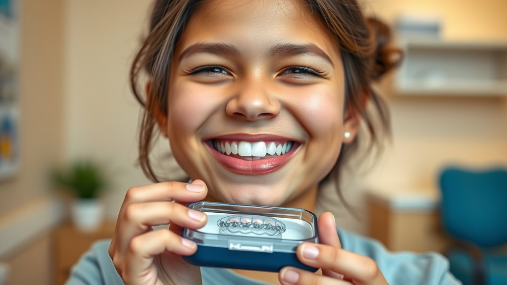 Smiling young person with straight teeth, relieved, holding a new retainer in a case, positive orthodontic office visit after losing retainer