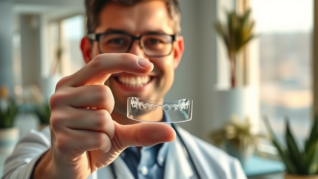 professional orthodontist showing transparent Invisalign aligner with Myrtle Beach view