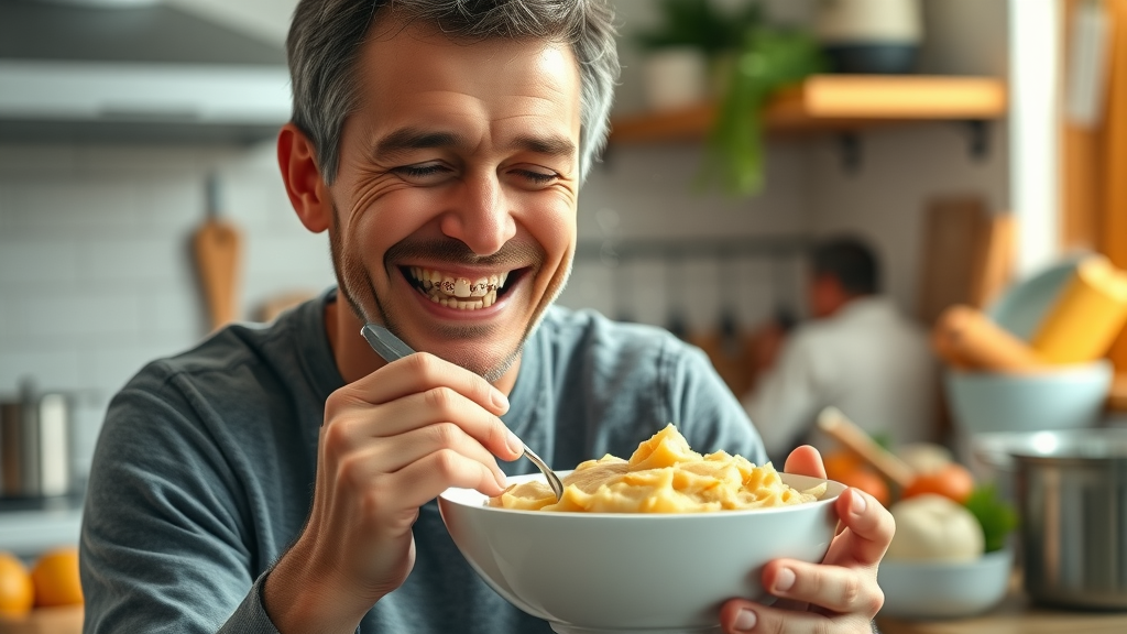 adult with braces enjoying soft food at home