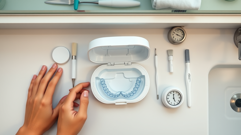 Clever Invisalign care kit layout, organized, practical aligner case, cleaning tools, timer for daily Invisalign journey