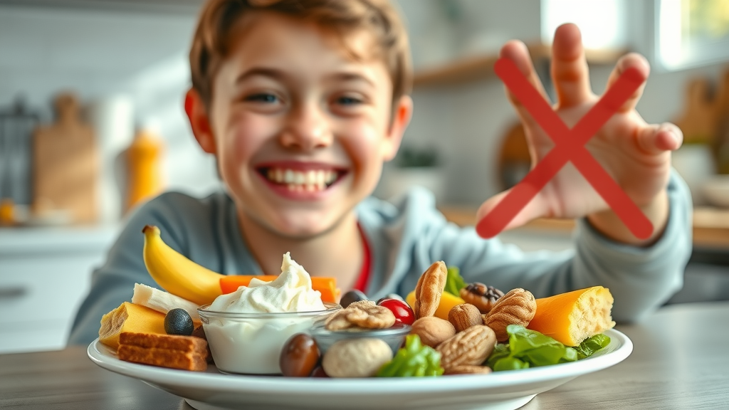 colorful plate with braces-friendly soft foods, hard candies and nuts crossed out, smiling adolescent in home kitchen, pastel tones, morning daylight