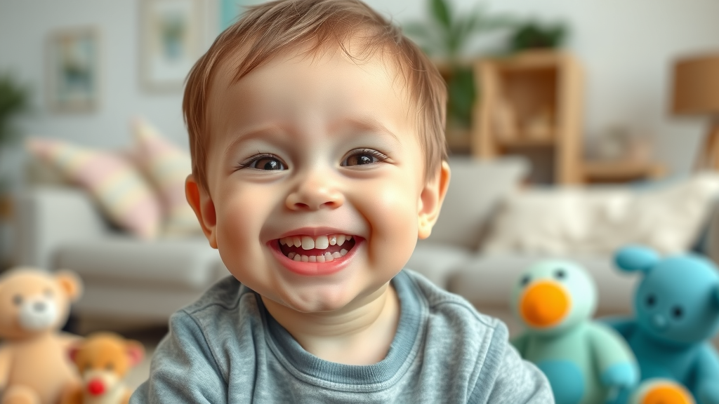 cheerful toddler showing healthy teeth, dental health, bright living room