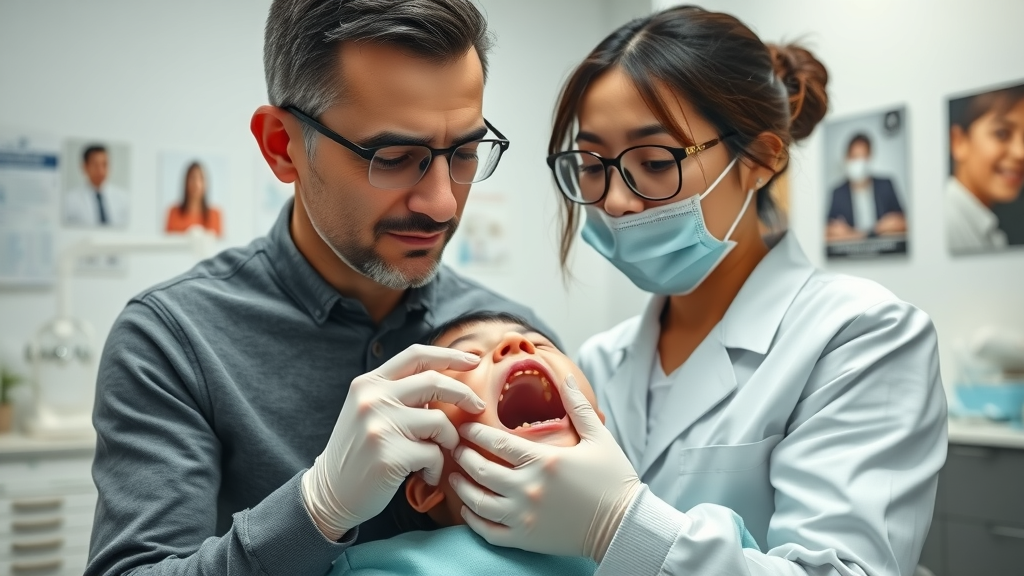 Pediatric dentist examining child