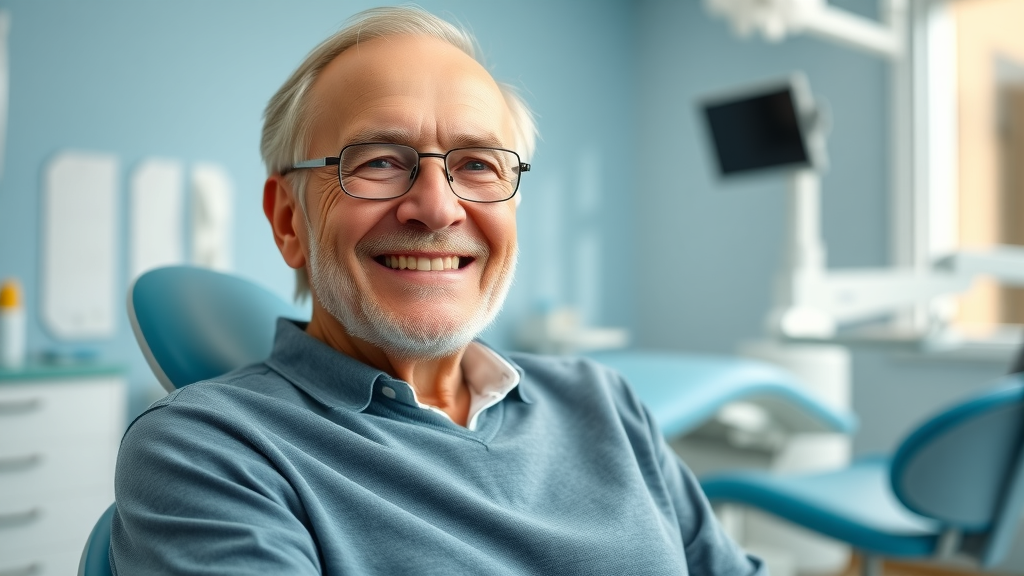 Hopeful older adult exploring am i too old for braces or invisalign in a dentist office, bright modern dental clinic background