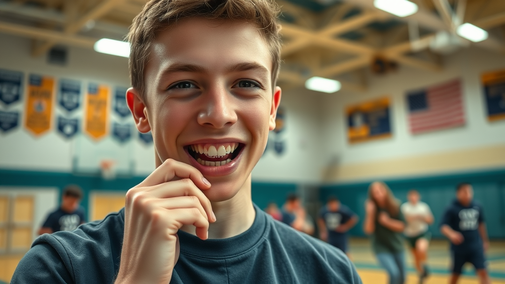 Active teenage athlete in a gym adjusting a sports mouthguard over braces, showing teen mental health considerations and sports safety.