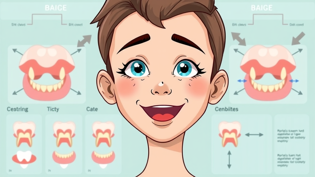 Illustrated dental chart of bite problems for complex orthodontic case, featuring overbite, underbite, crossbite, open bite for adult patients